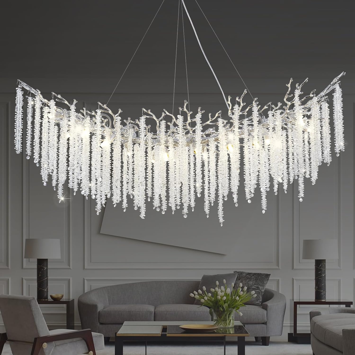 Round Silver Tree Branches Chandeliers L55" - Fast Delivery-1-Luxehomezone