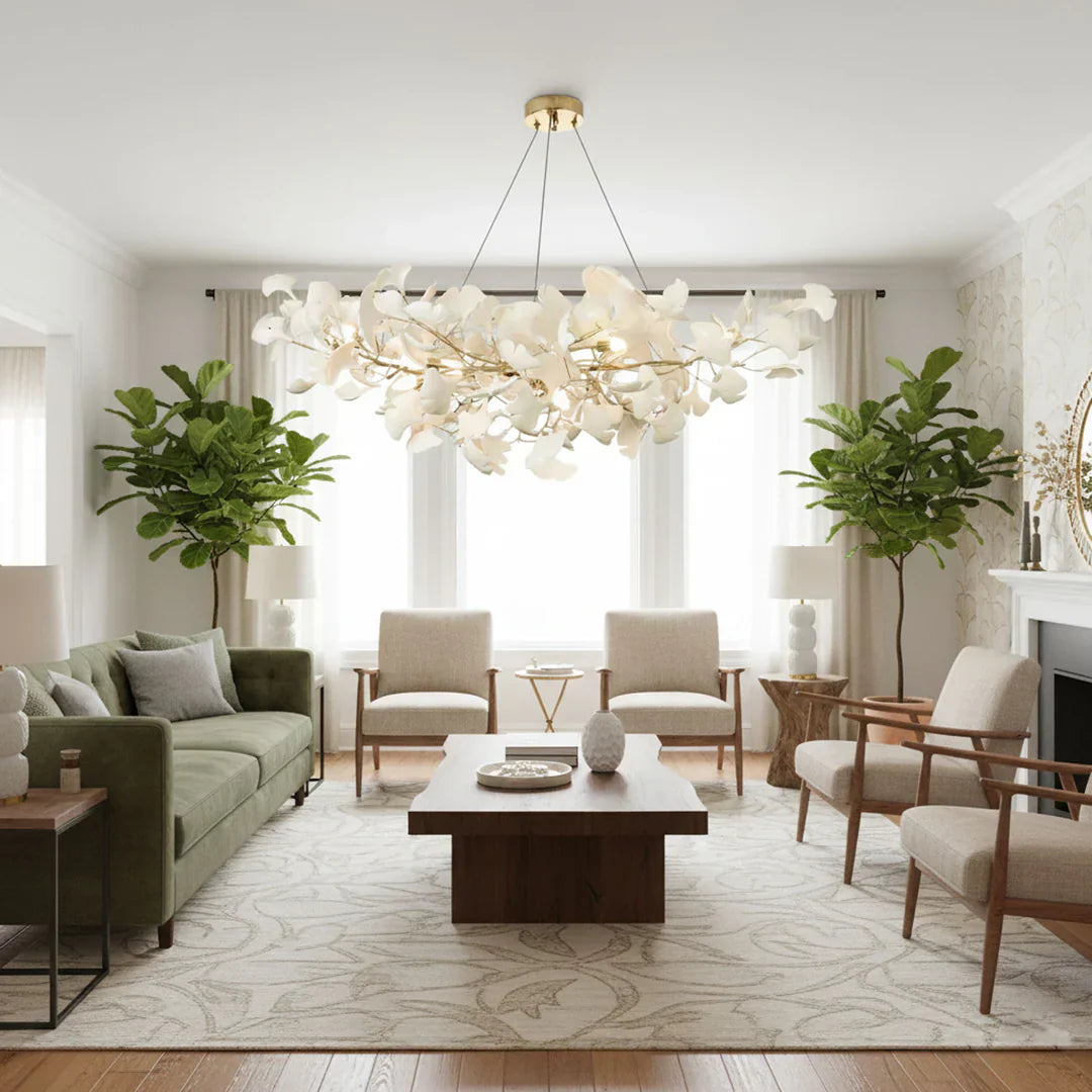 Illuminate Your Space with Nature’s Elegance: The Porcelain Linear Gold Ginkgo Chandelier