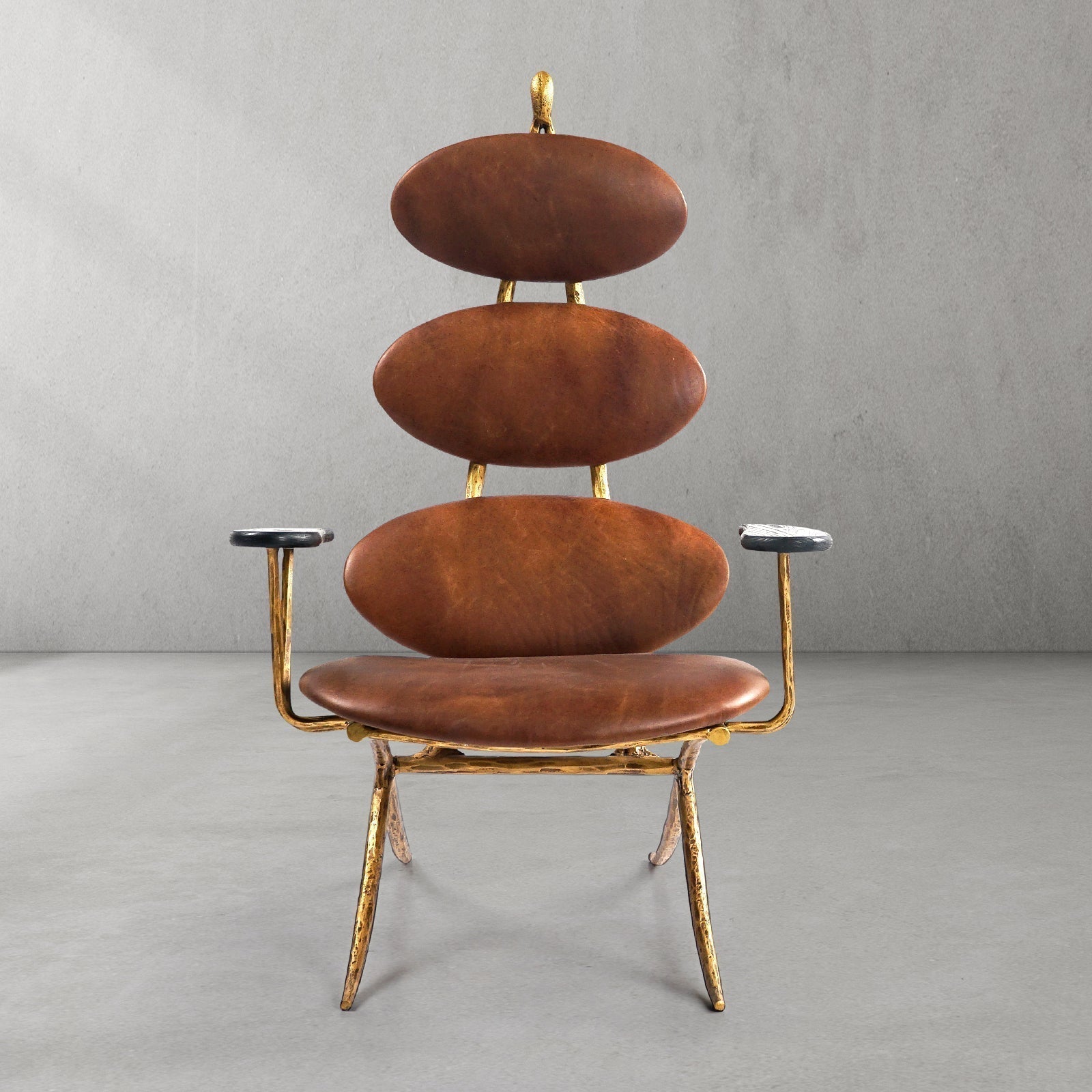 Hand-Forged Metal High Back Brown Leather Lounge Accent Chair