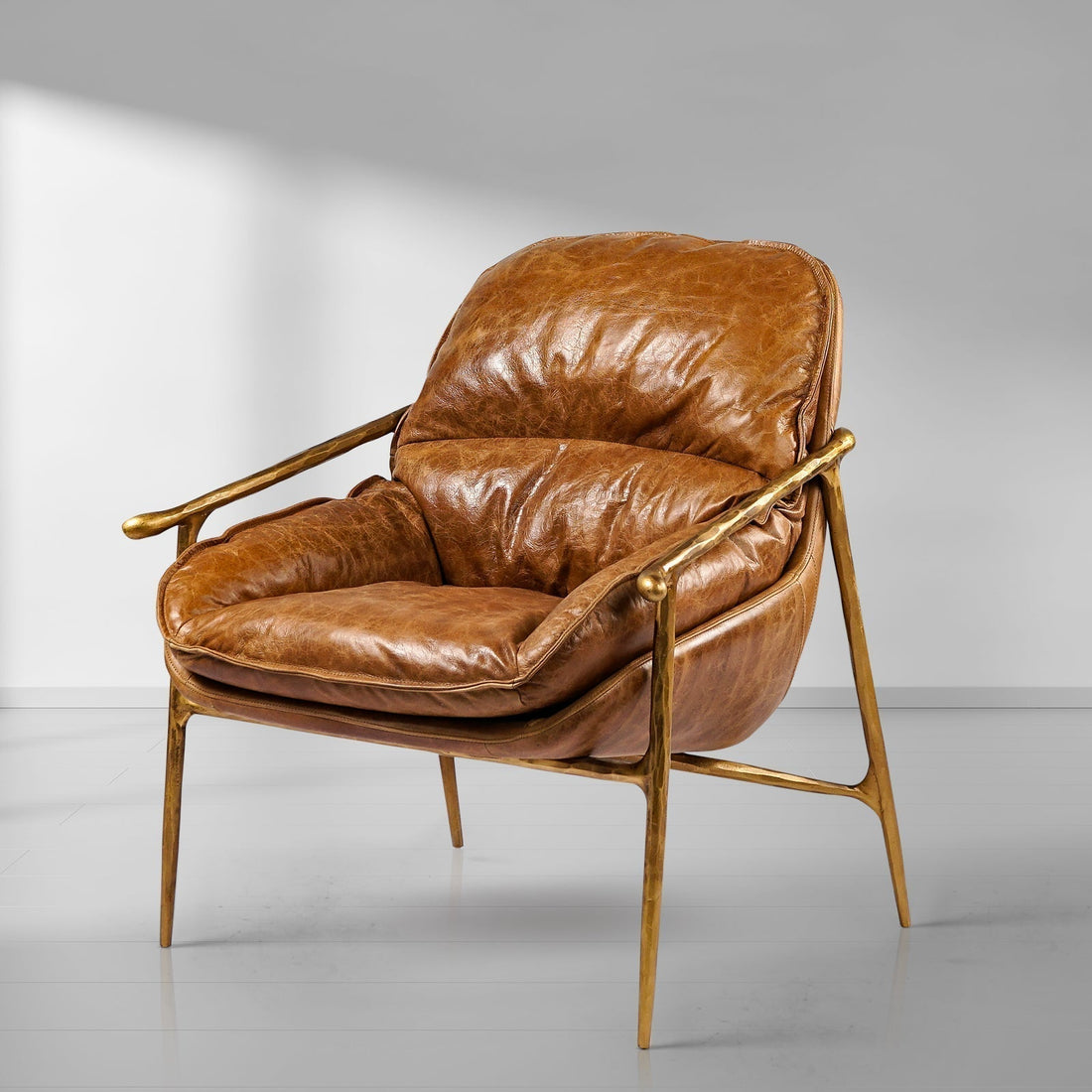 Hand-Forged Metal Brown Leather Accent Chairs
