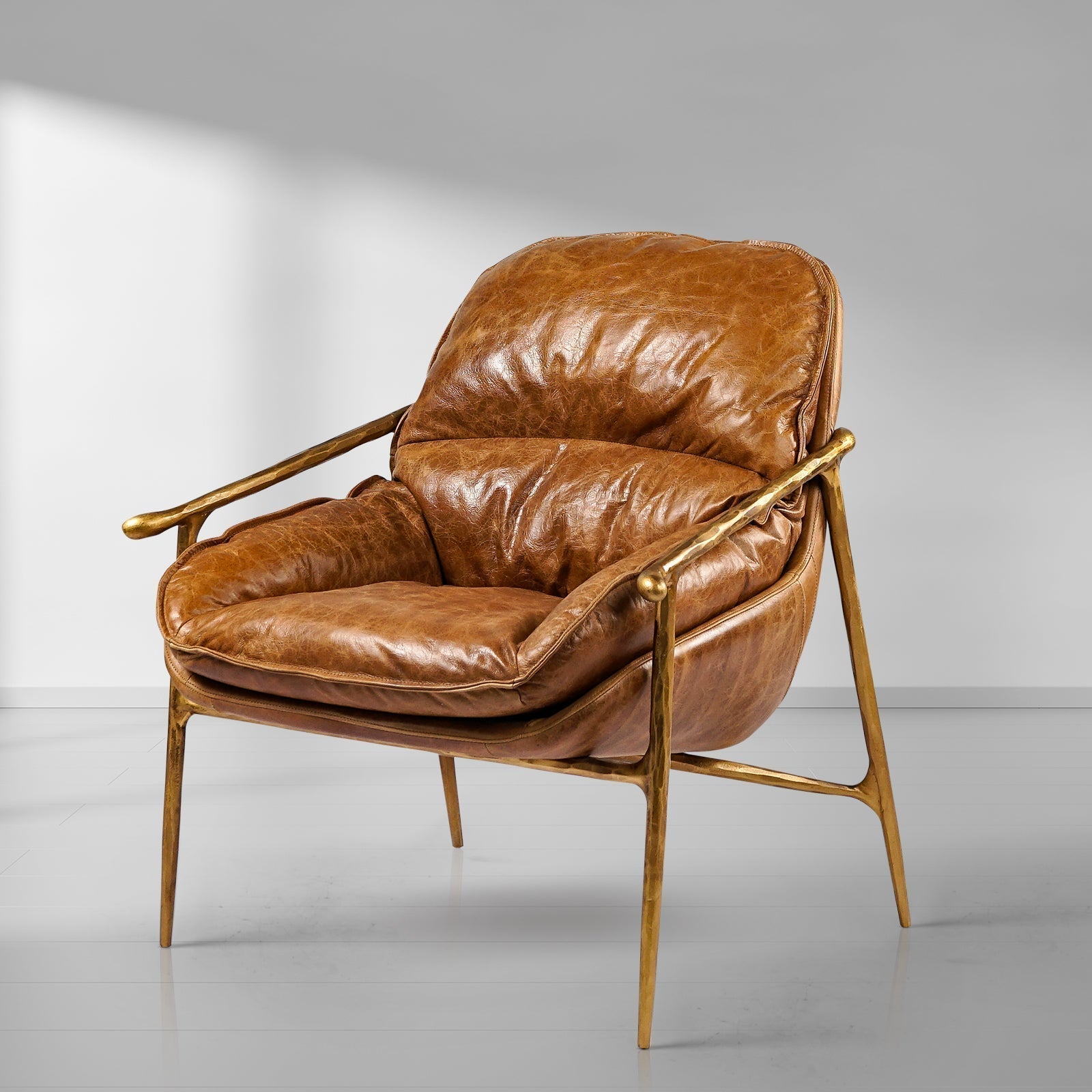 Hand-Forged Metal Brown Leather Accent Chairs