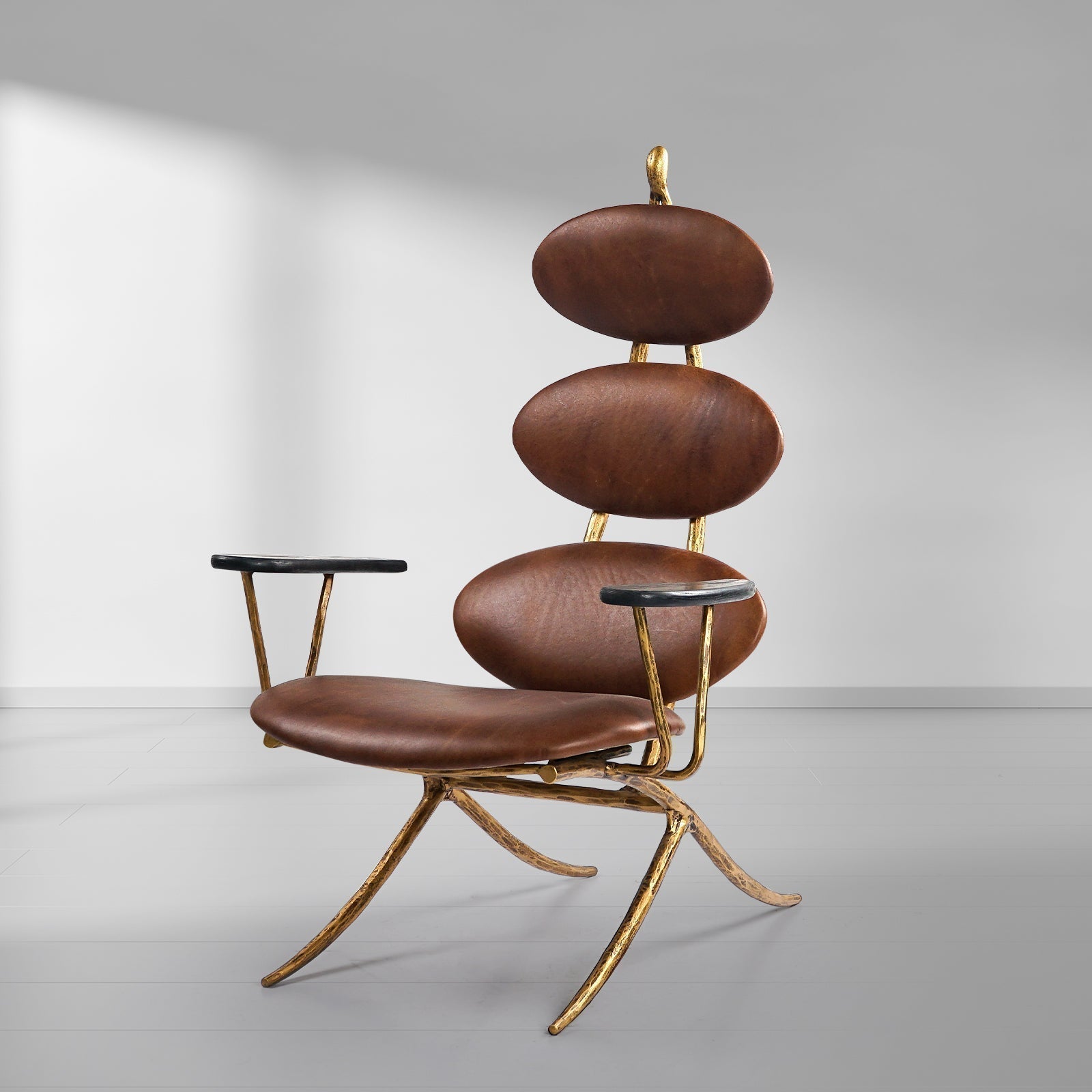 Hand-Forged Metal High Back Brown Leather Lounge Accent Chair