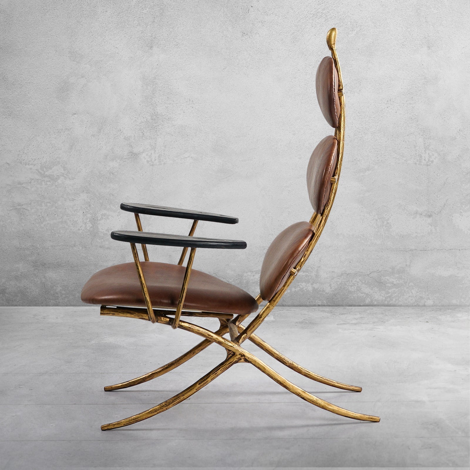 Hand-Forged Metal High Back Brown Leather Lounge Accent Chair