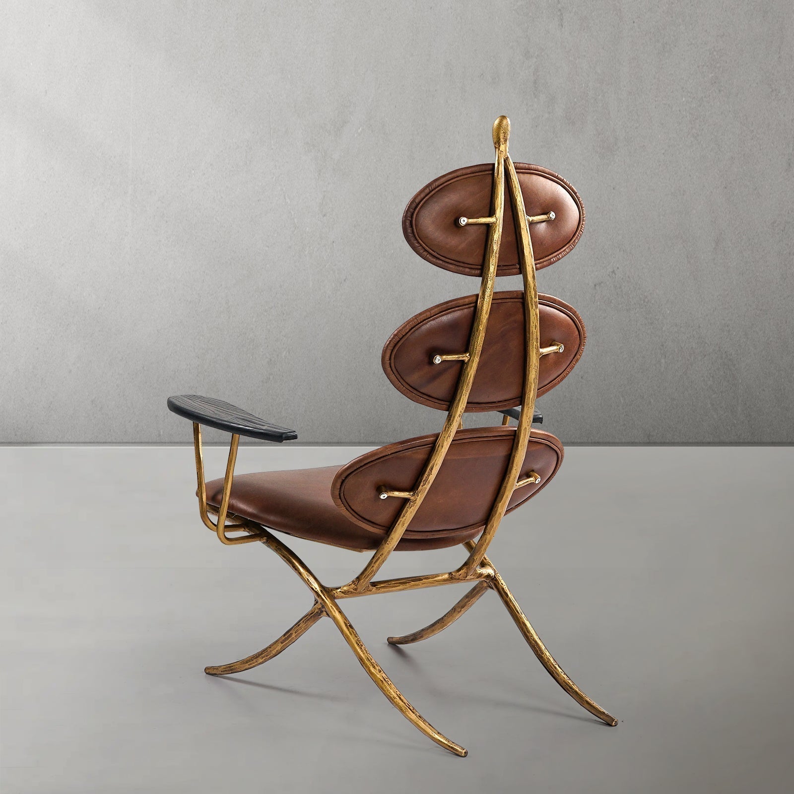 Hand-Forged Metal High Back Brown Leather Lounge Accent Chair