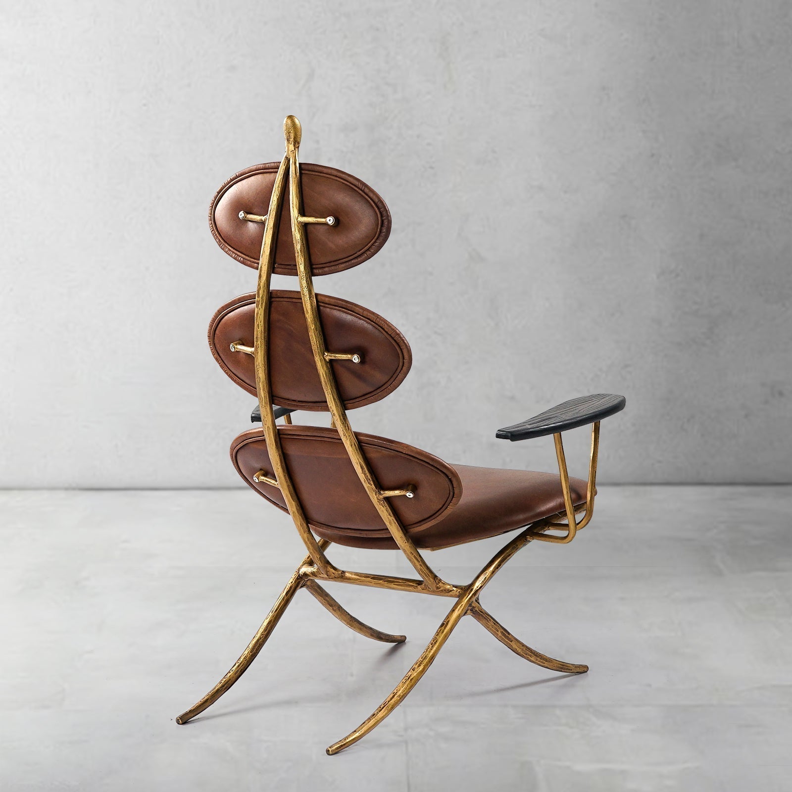 Hand-Forged Metal High Back Brown Leather Lounge Accent Chair