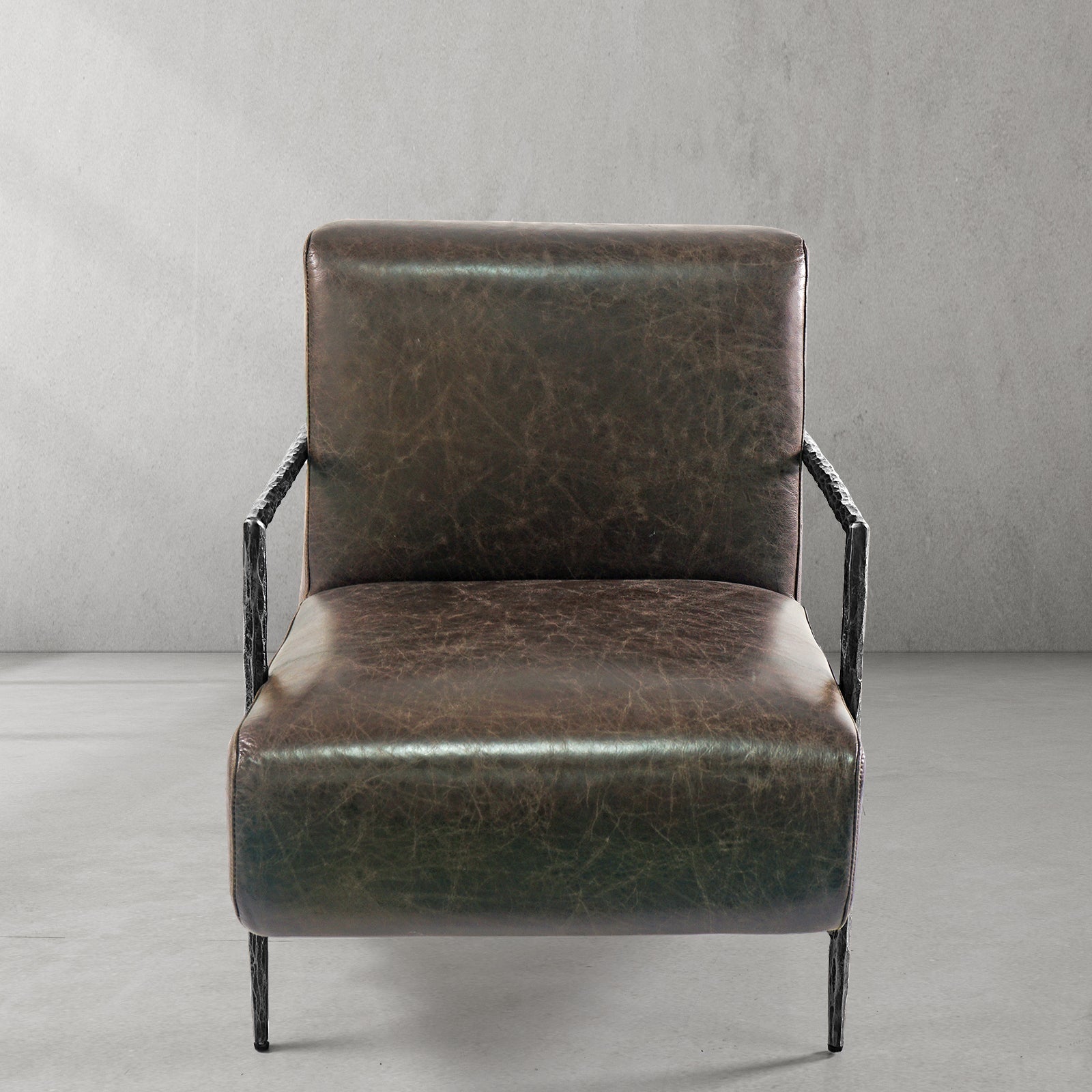 Hand-Forged Metal Genuine Brown Leather Accent Chair