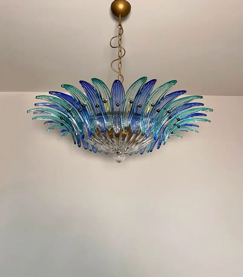 Murano Chandelier 36 Clear and Blue Palmette Glass