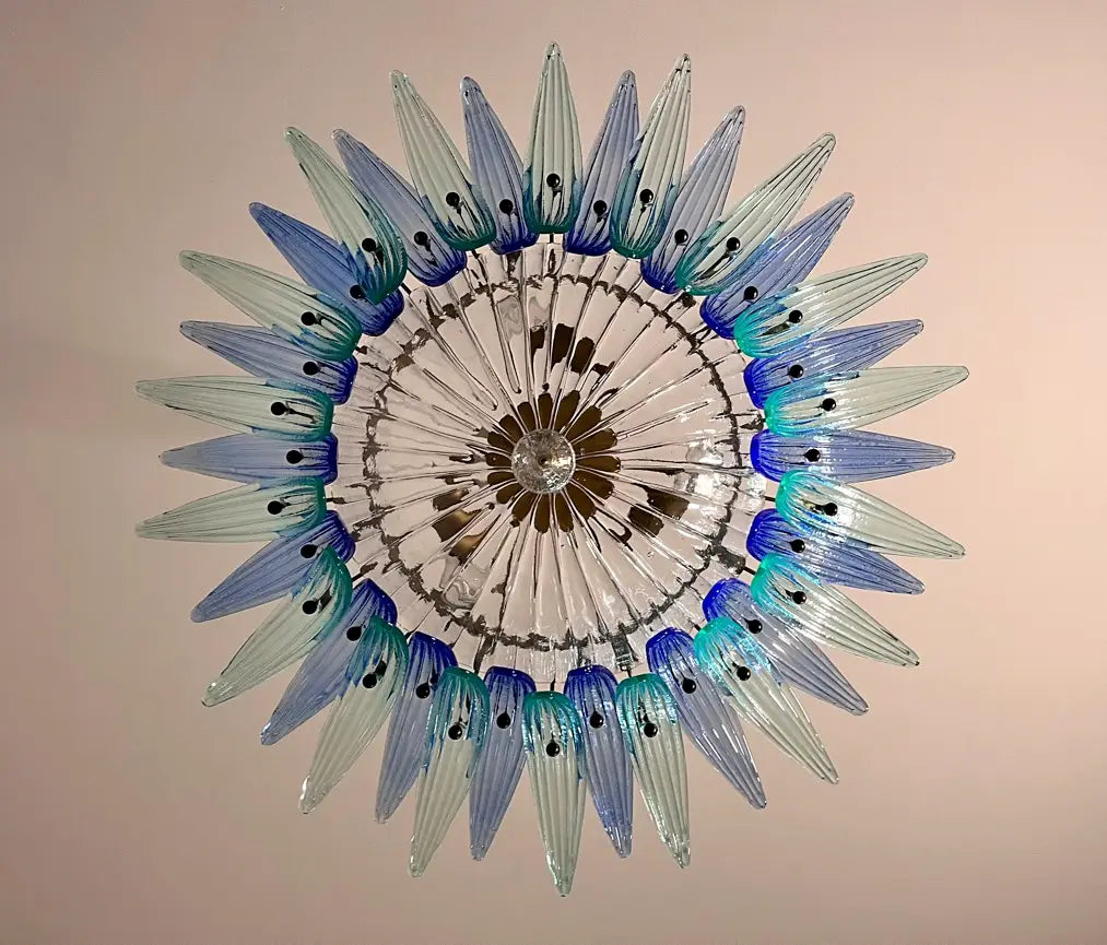 Murano Chandelier 36 Clear and Blue Palmette Glass
