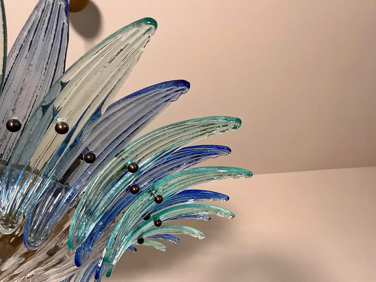 Murano Chandelier 36 Clear and Blue Palmette Glass