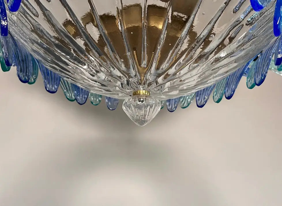 Murano Chandelier 36 Clear and Blue Palmette Glass