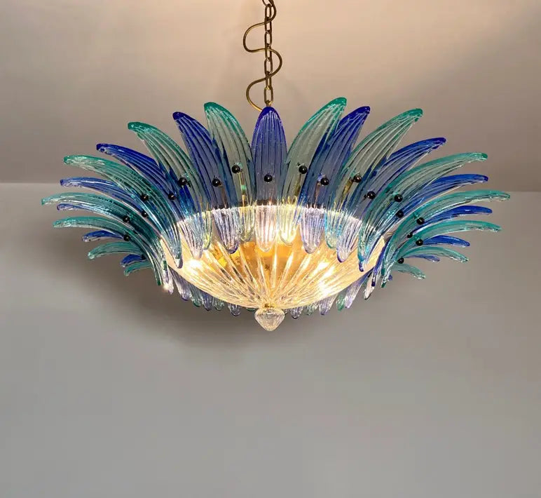 Murano Chandelier 36 Clear and Blue Palmette Glass