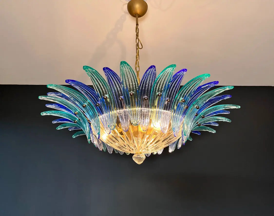 Murano Chandelier 36 Clear and Blue Palmette Glass