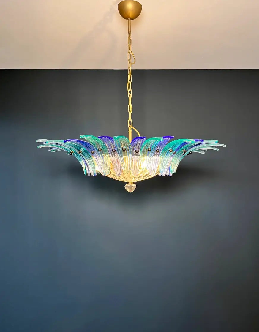 Murano Chandelier 36 Clear and Blue Palmette Glass