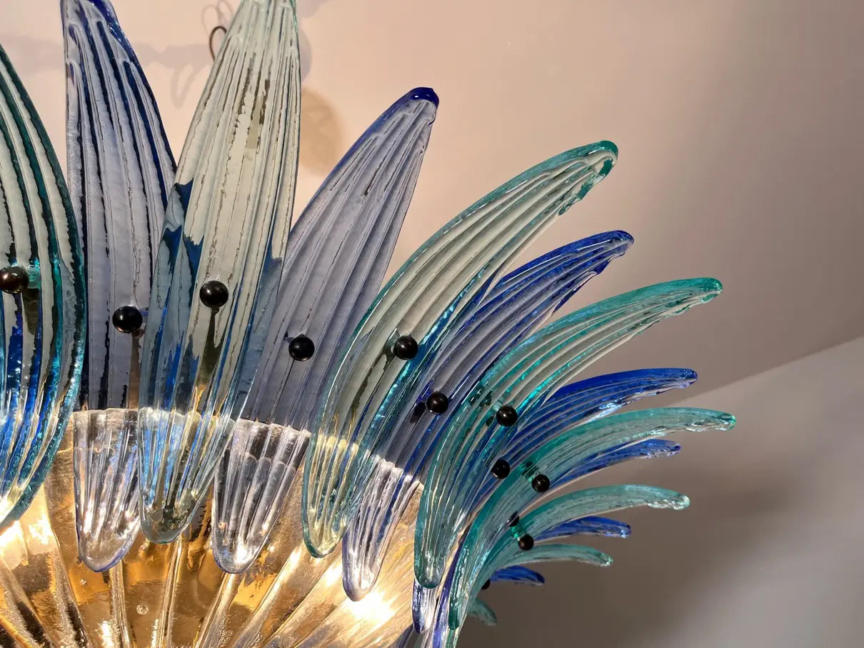 Murano Chandelier 36 Clear and Blue Palmette Glass