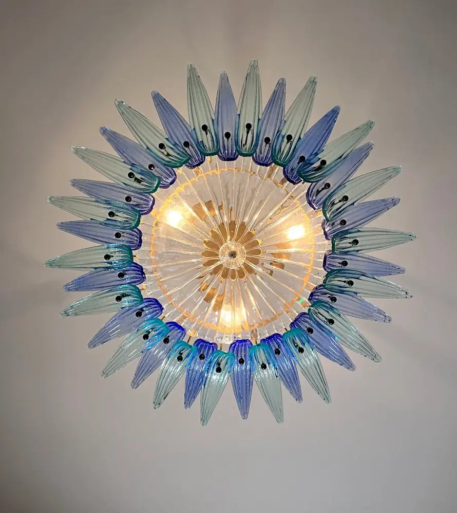 Murano Chandelier 36 Clear and Blue Palmette Glass