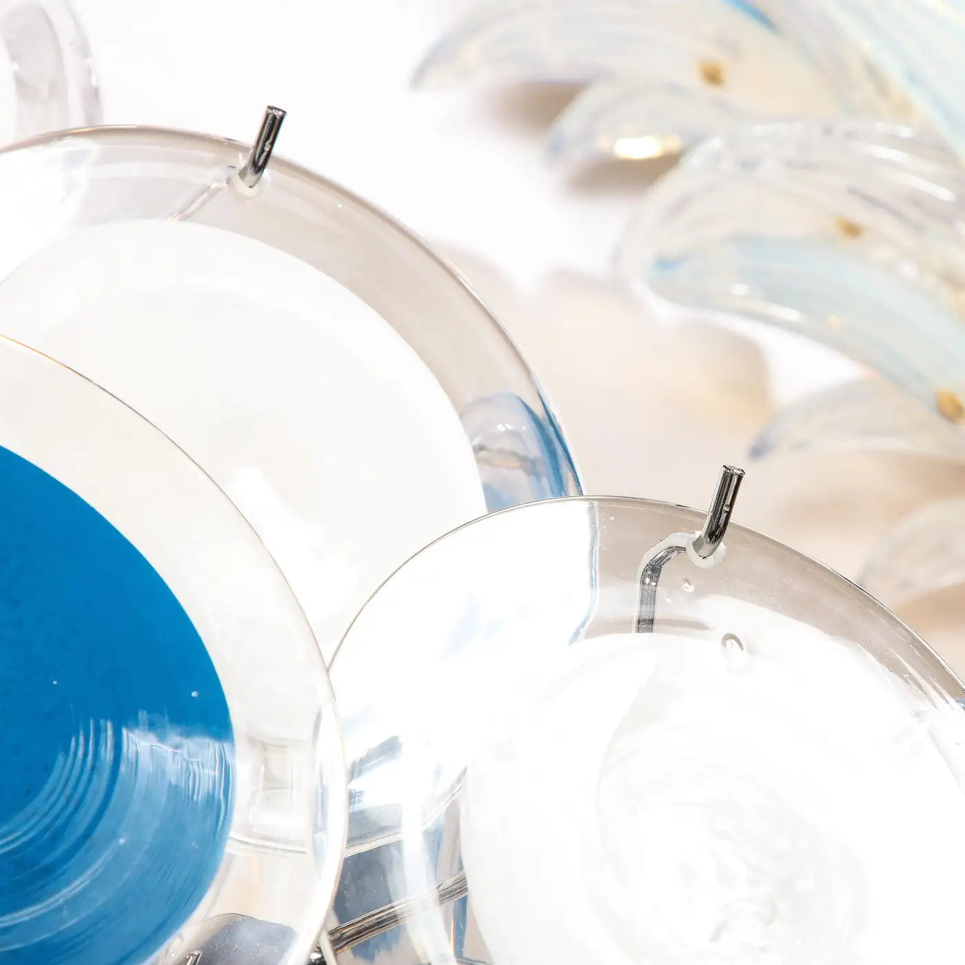 Modernist Pagoda Chandelier in Nickel & Handblown Murano White and Blue Discs