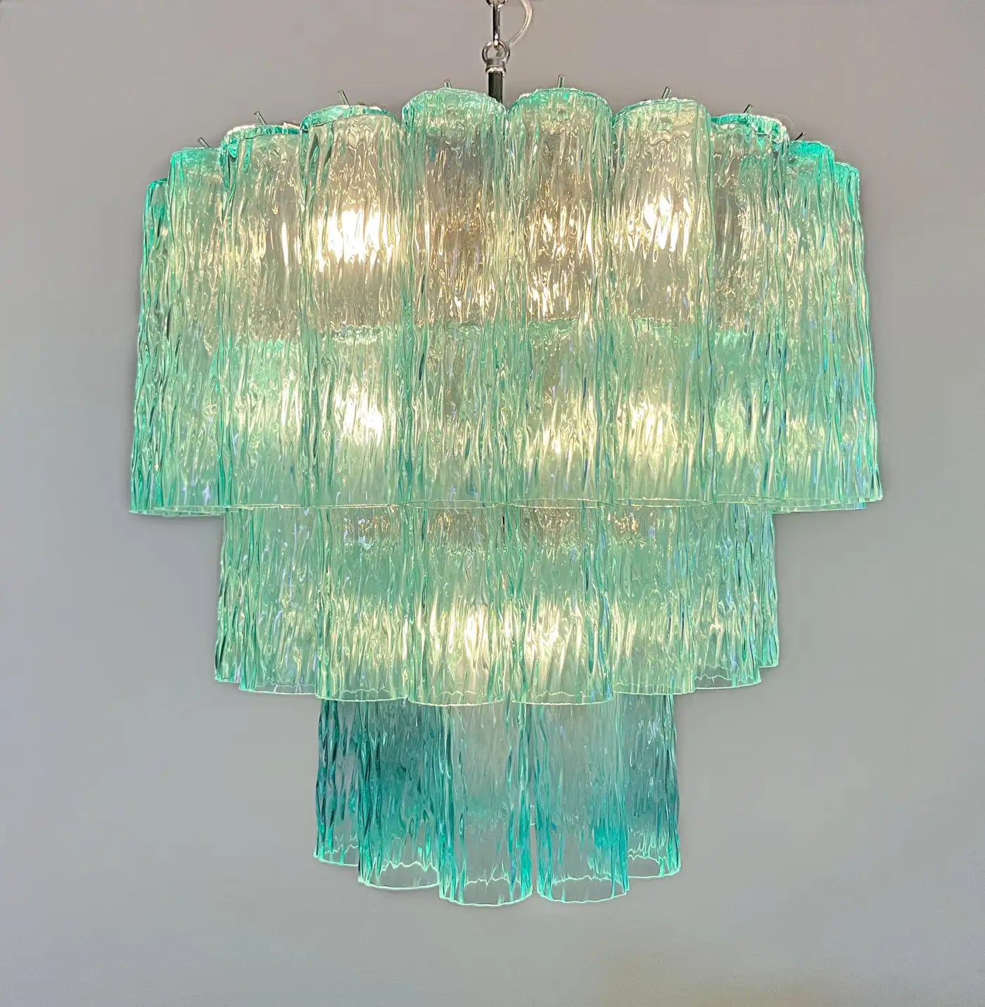 Large three-Tier Venini Murano turquoise Glass Tube Chandelier