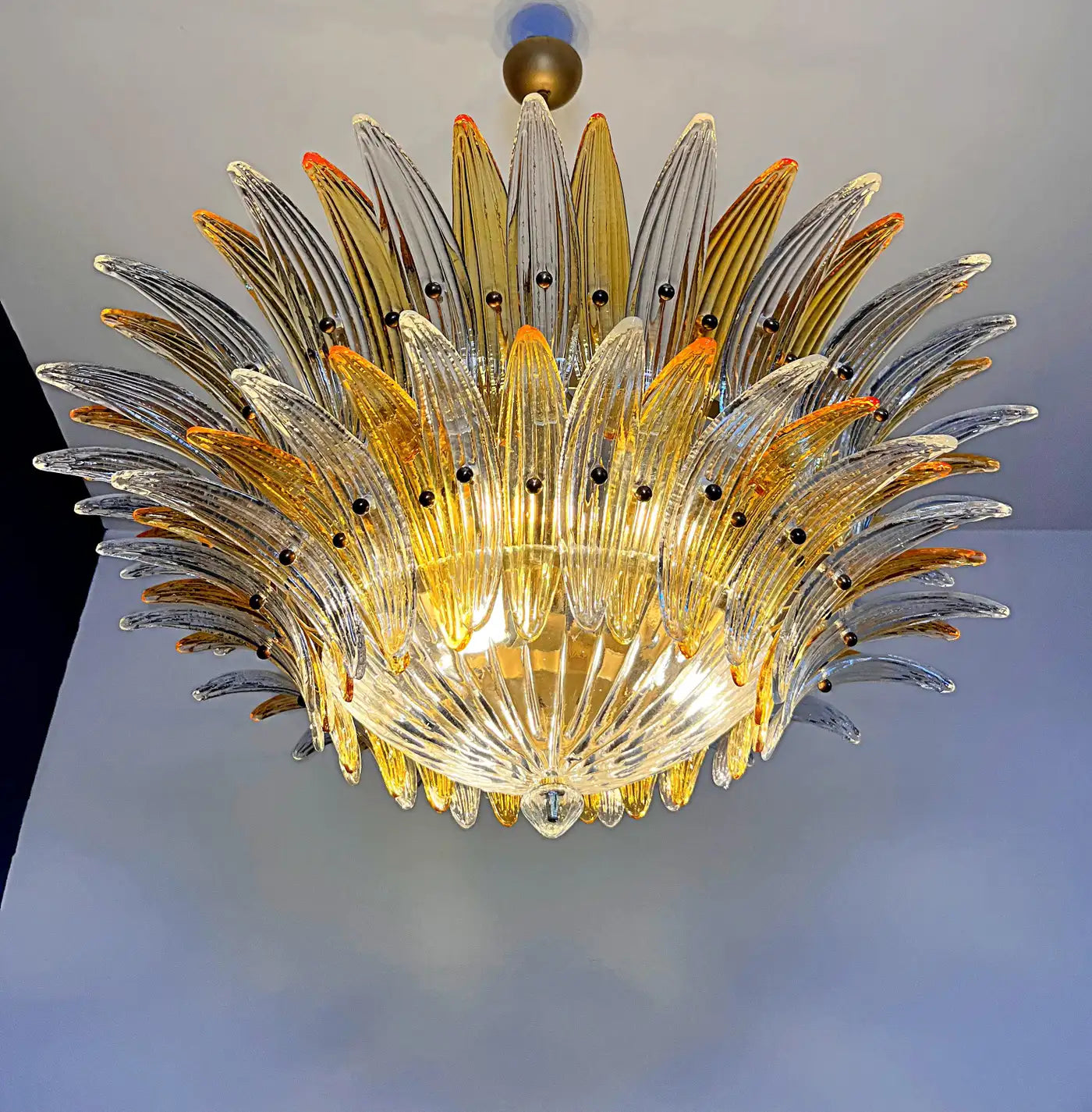 Murano Chandelier Original Palmette, two levels, 82 amber and clear glasses