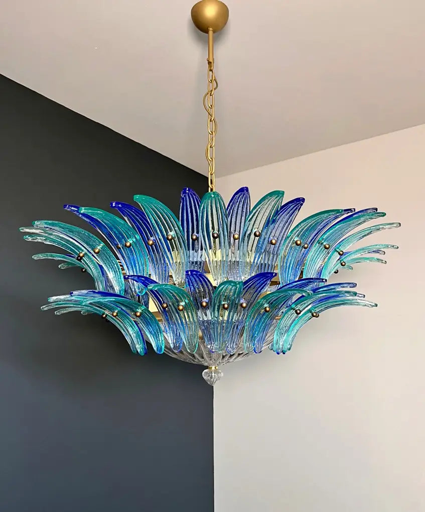 Murano Chandelier 82 Blue and Turquoise Palmette Glass