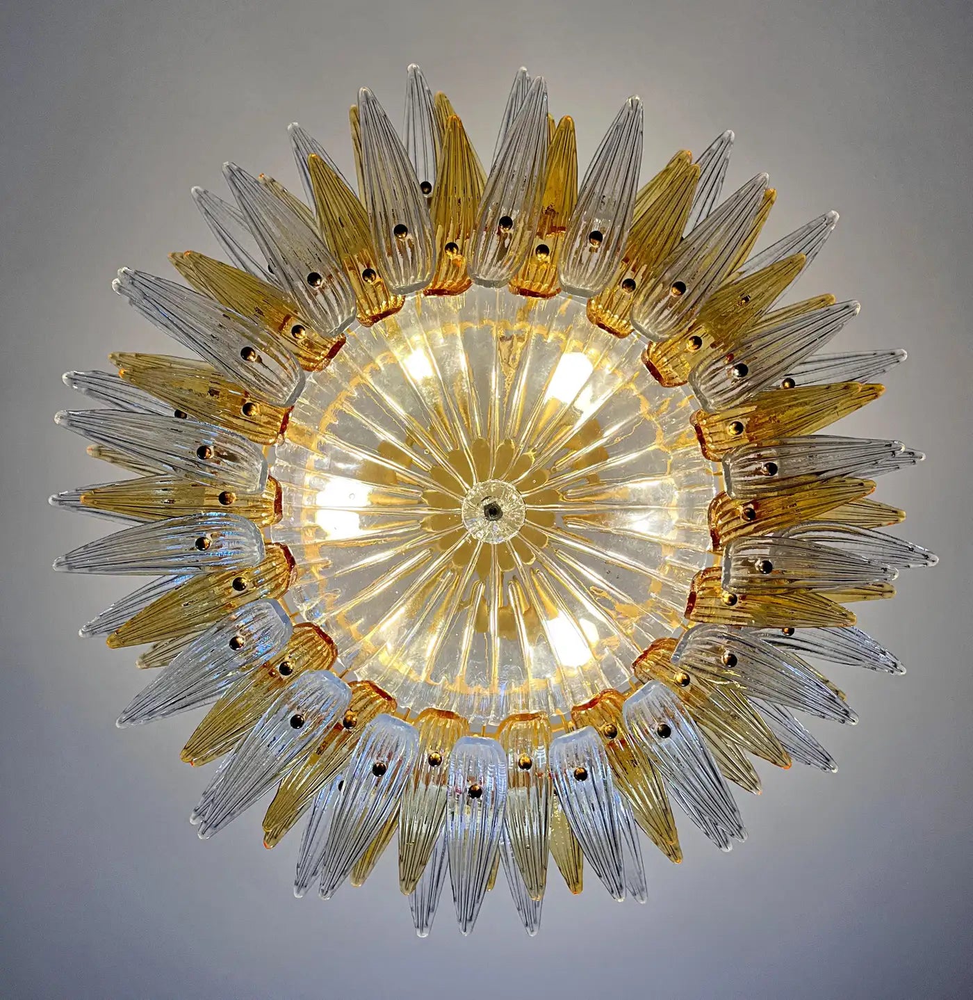 Murano Chandelier Original Palmette, two levels, 82 amber and clear glasses