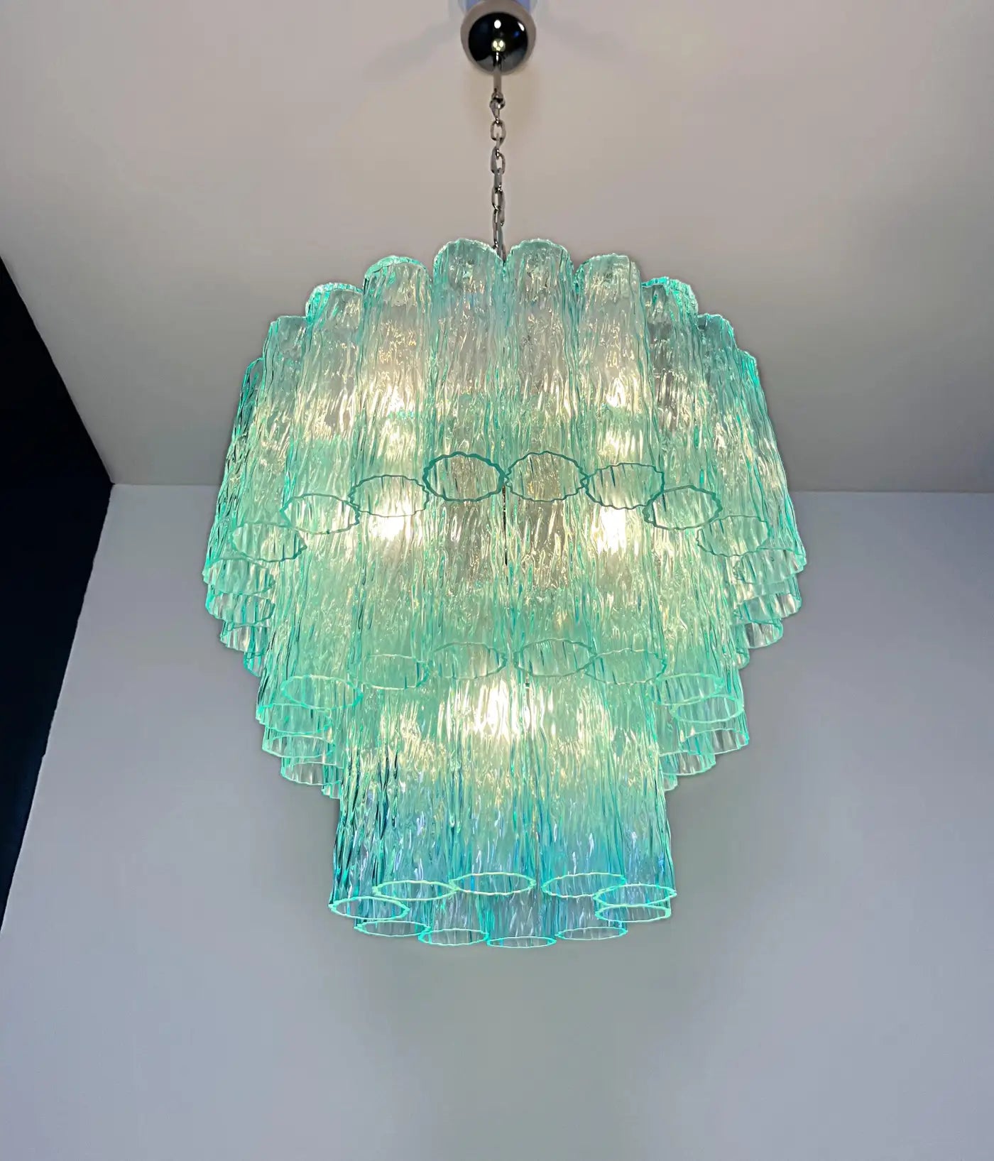 Large three-Tier Venini Murano turquoise Glass Tube Chandelier