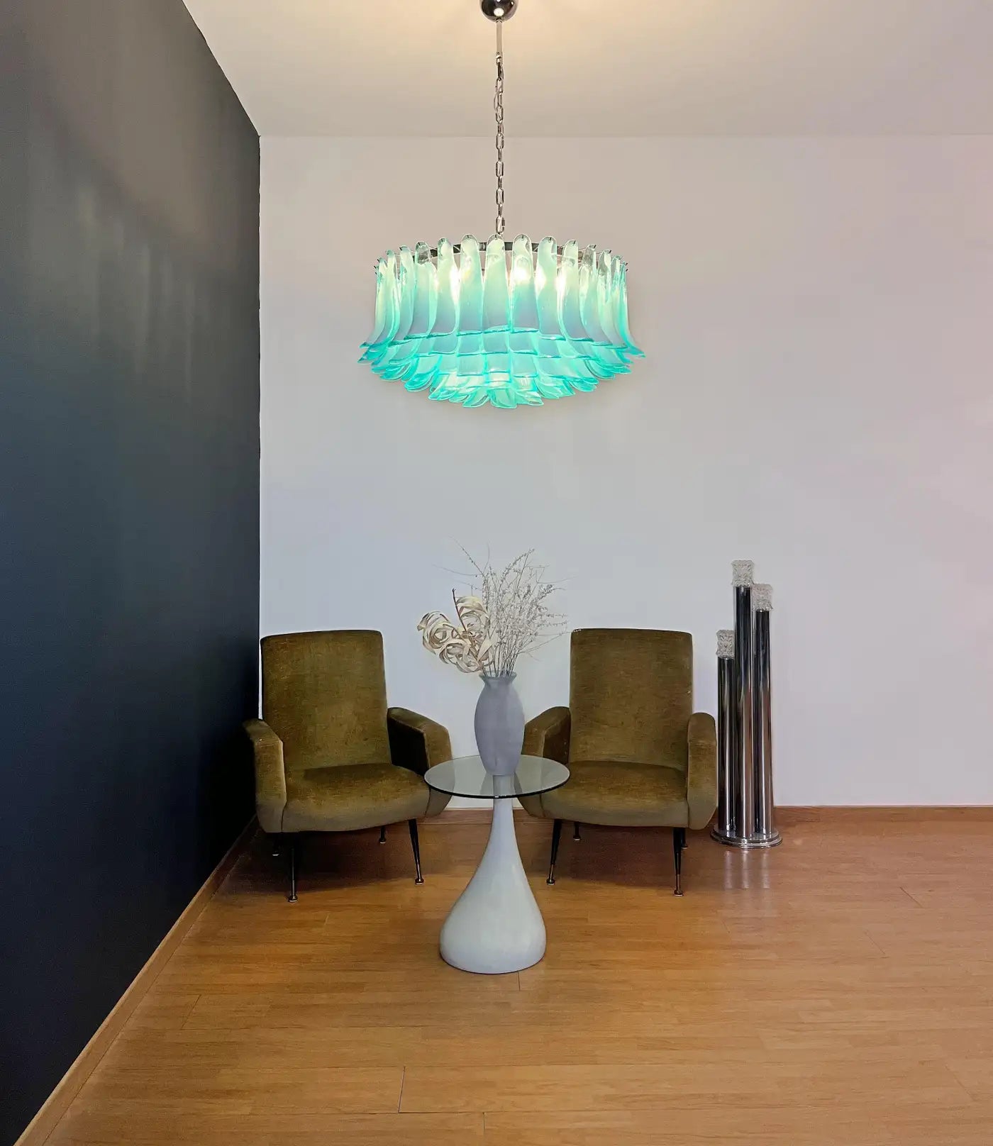 Large Murano glass Chandelier -101 turquoise lattimo glass petal