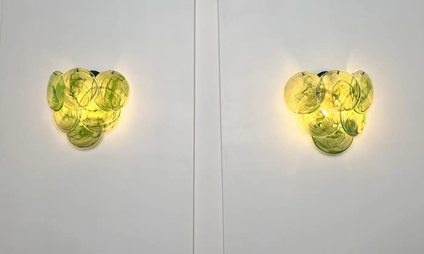 Pair of glass wall sconces - 6 alabaster green disks