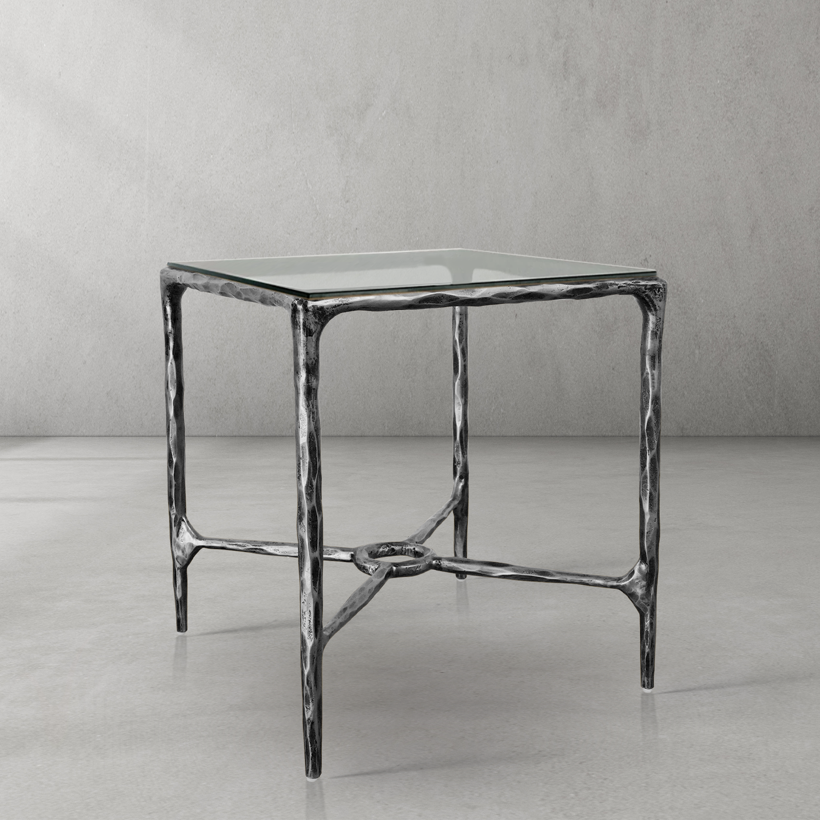 Hand-Forged Metal Glass Square Side Table Overhang O