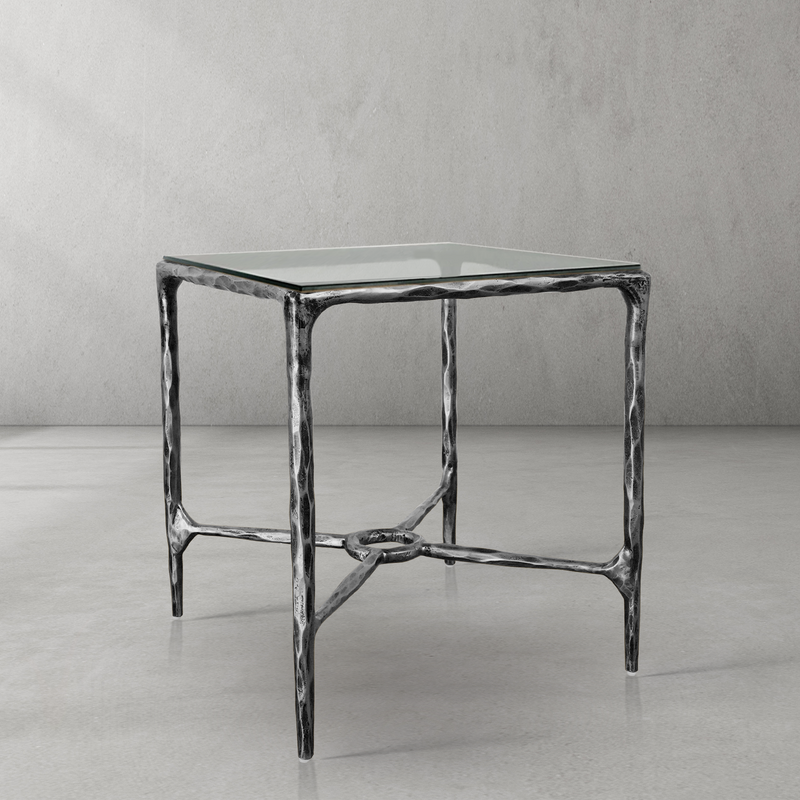 Hand-Forged Metal Glass Square Side Table Overhang O