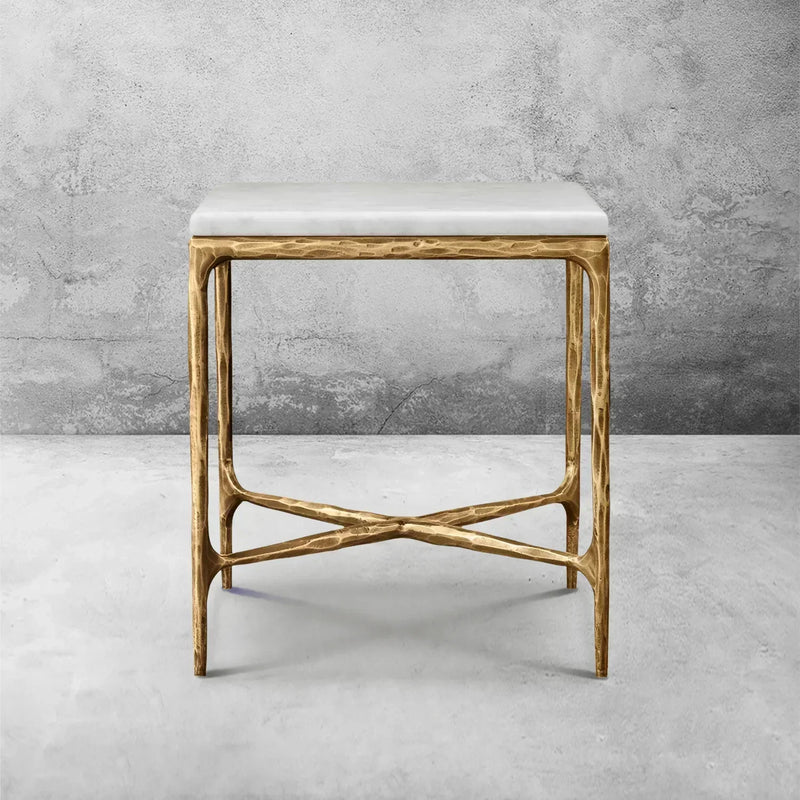 Hand-Forged Metal Marble Square Side Table 18" 22"