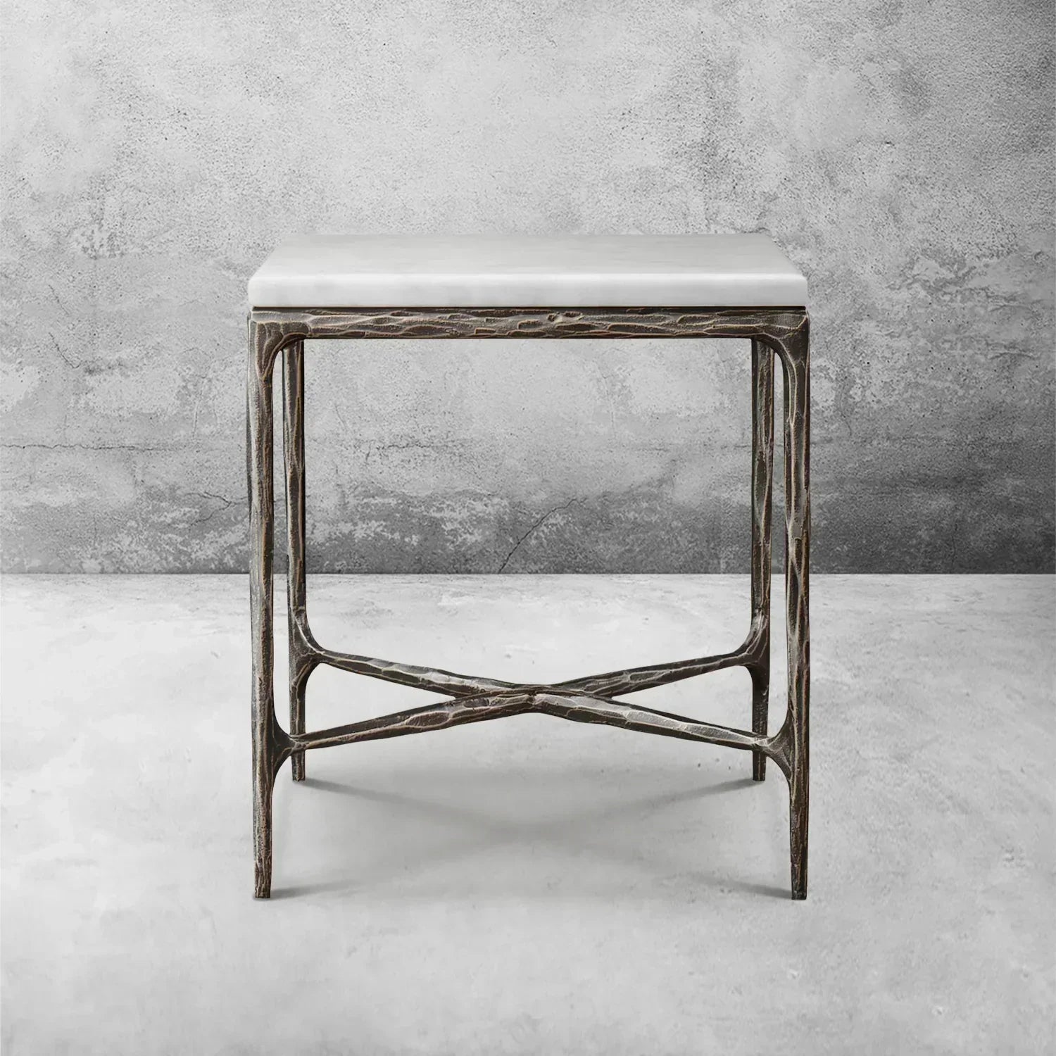 Hand-Forged Metal Marble Square Side Table 18" 22"