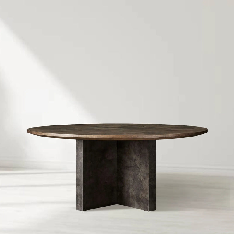 Loranco Wood Round Dining Table With Oxidized Steel Base