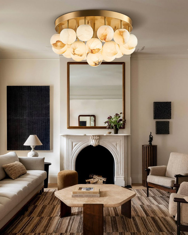 7/13/19-Light Soft Brass and Faux Alabaster Semi Flush Mount with Etched Opal Marble Shades