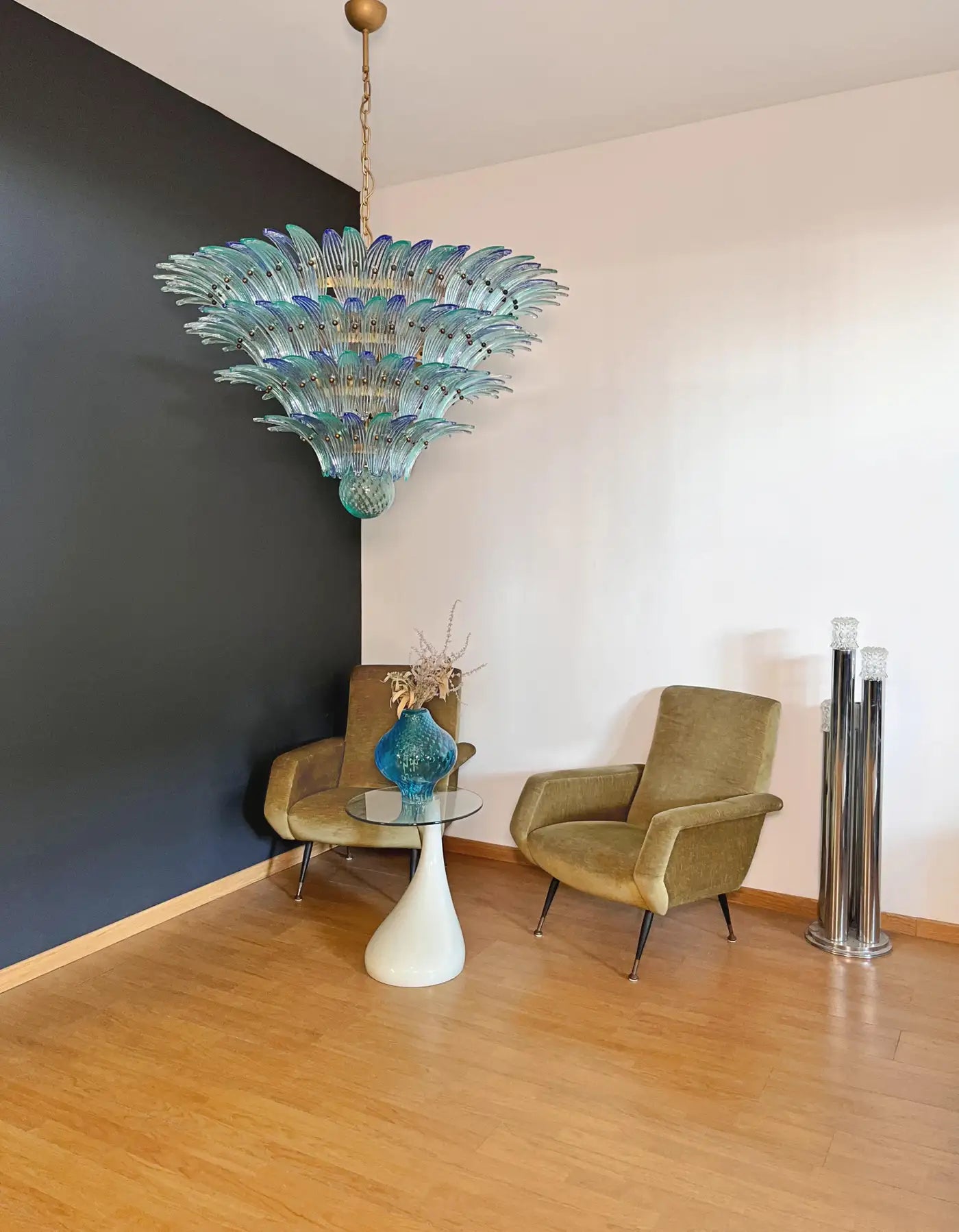Palmette Ceiling Light - four levels, 160 blue and turquoise glasses