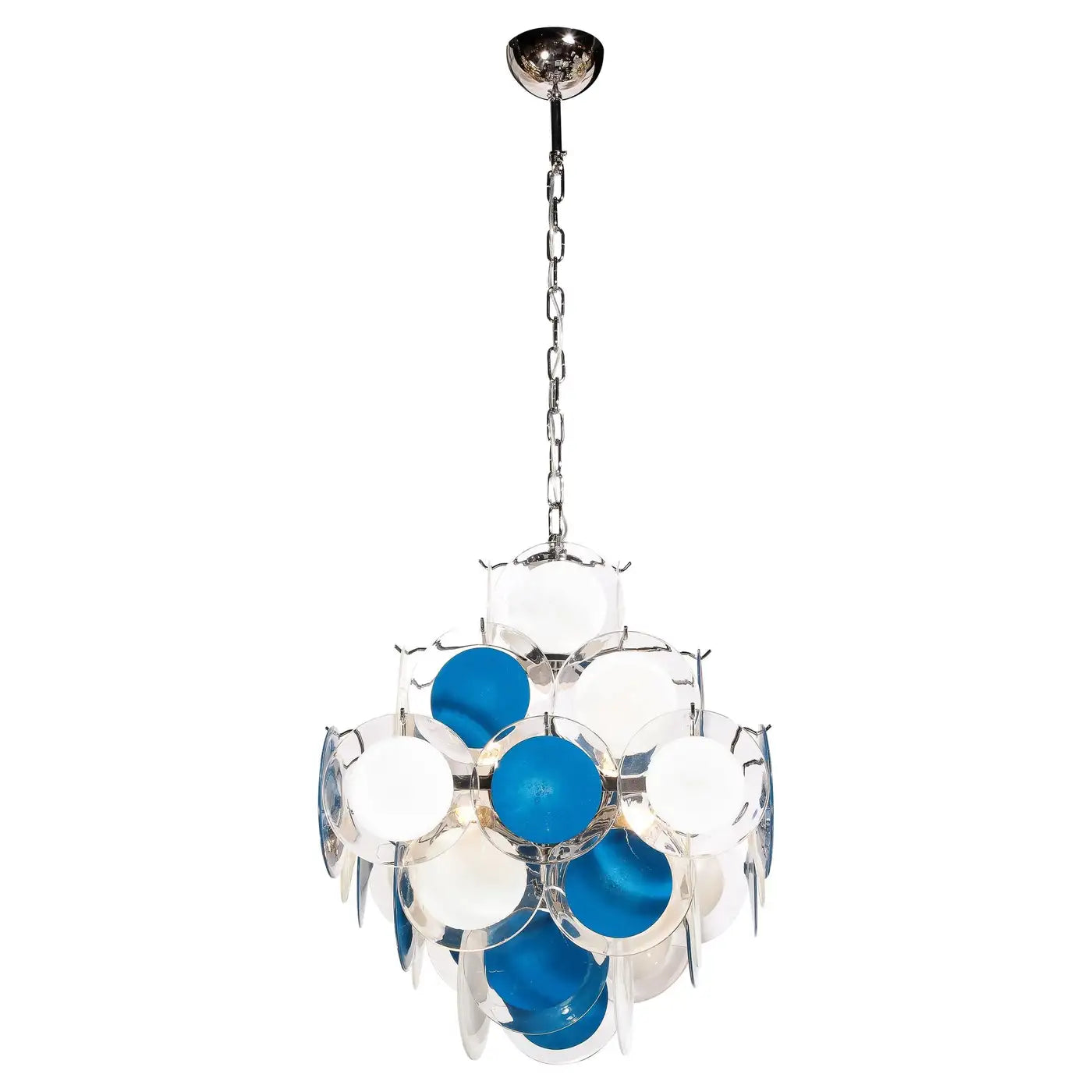 Modernist Pagoda Chandelier in Nickel & Handblown Murano White and Blue Discs