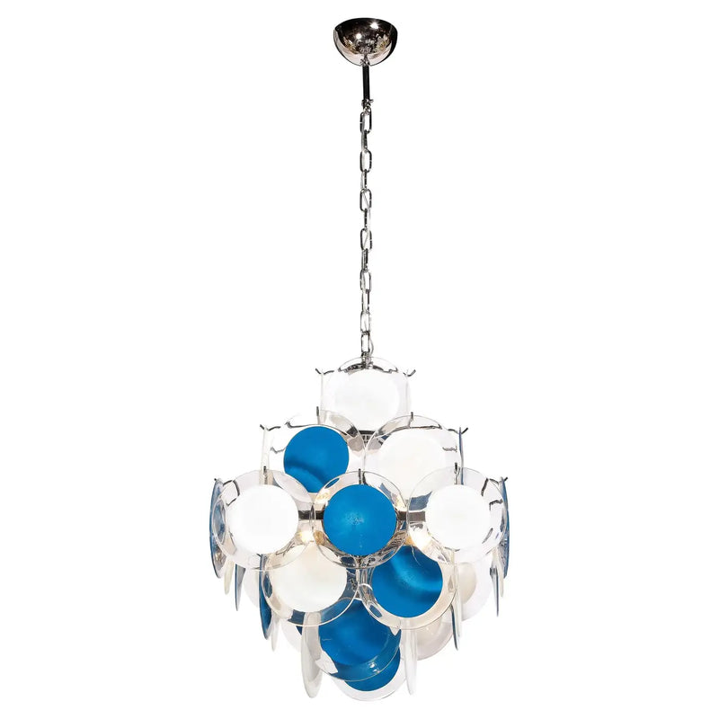 Modernist Pagoda Chandelier in Nickel & Handblown Murano White and Blue Discs