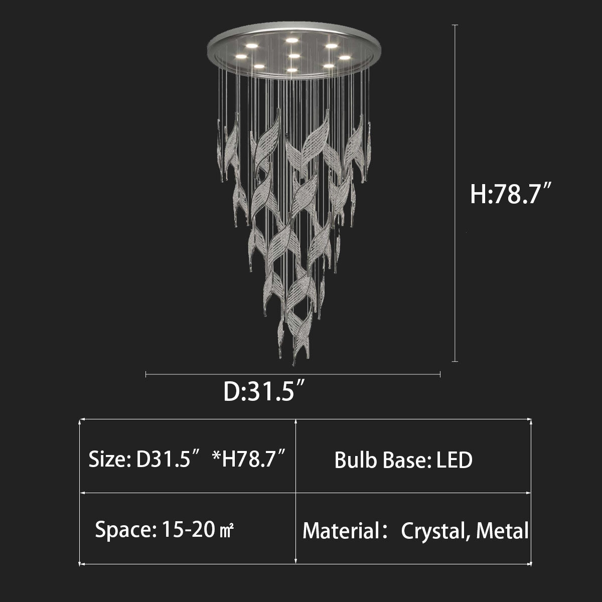 Modern Light Luxury Multi-layered Openwork Leaf Crystal Chandelier for Living Room/ Staircase/Duplex