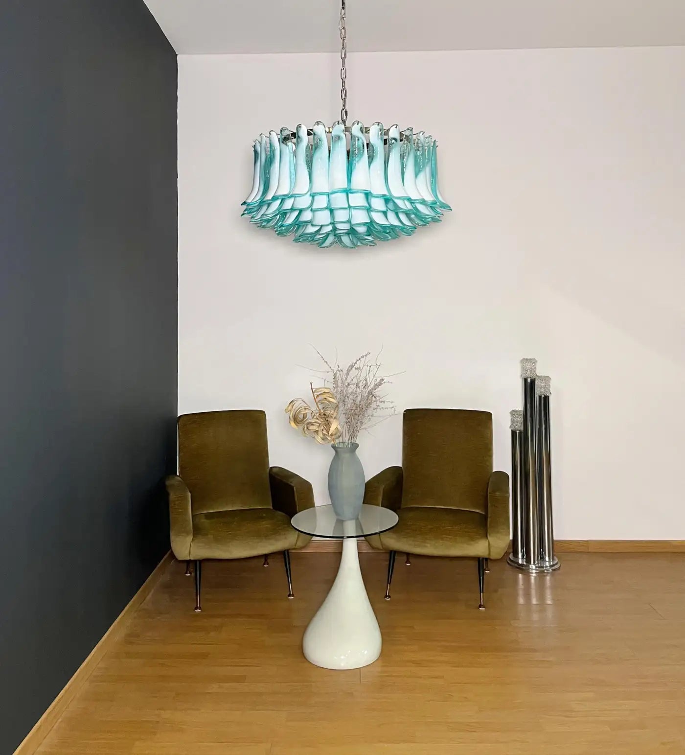 Large Murano glass Chandelier -101 turquoise lattimo glass petal