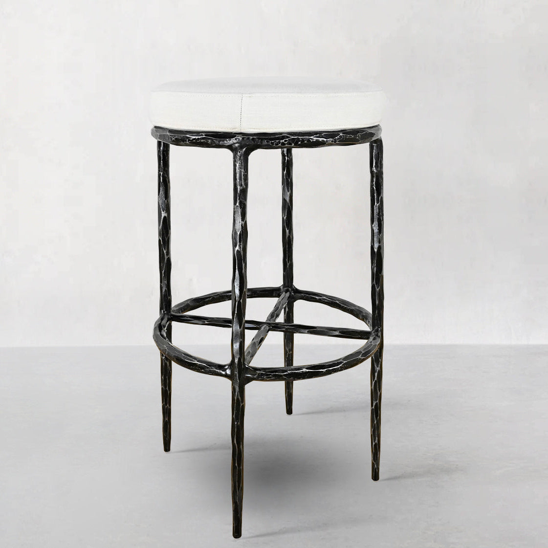 Hand-Forged Metal Backless Fabric Swivel Stool