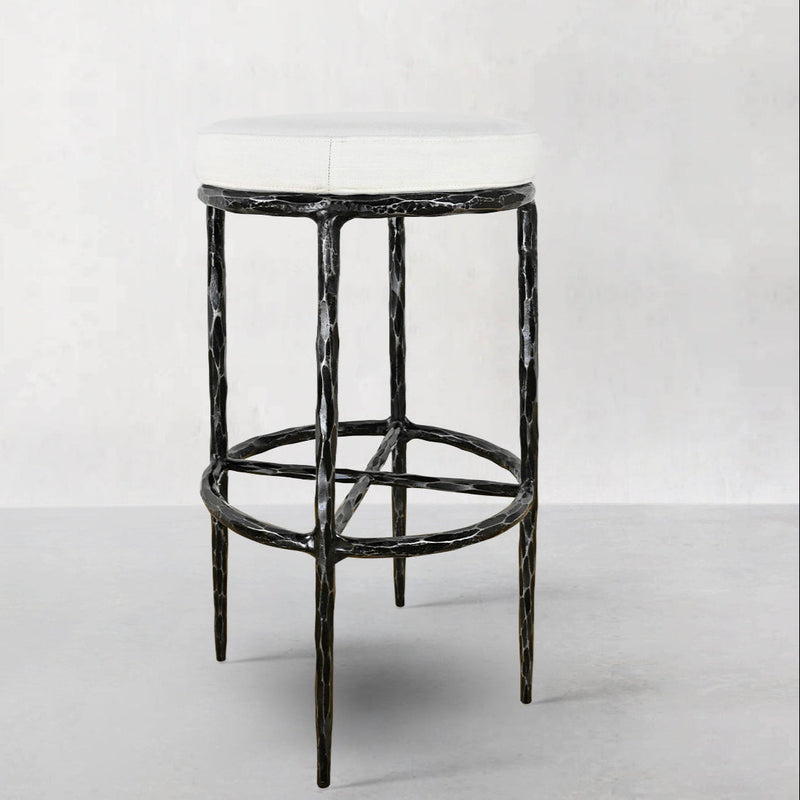 Hand-Forged Metal Backless Fabric Swivel Stool