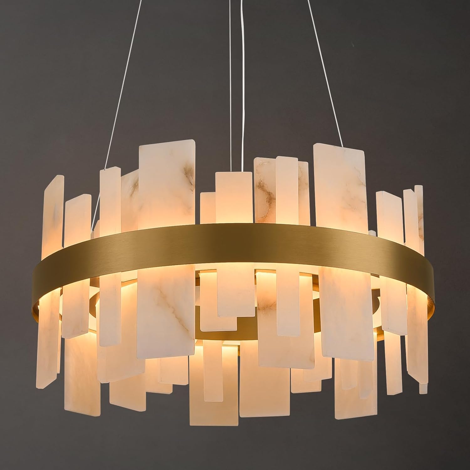 Alabaster Round Chandelier, D24 Inch Natural Spanish Marble Stone Texture Chandeliers