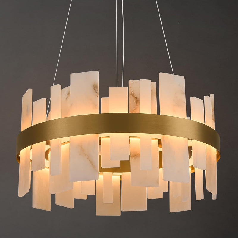 Alabaster Round Chandelier, D24 Inch Natural Spanish Marble Stone Texture Chandeliers