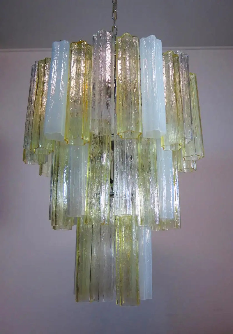 Large Three-Tier Venini Murano Glass Tube Chandelier, Amber Opal Silk and Trasp