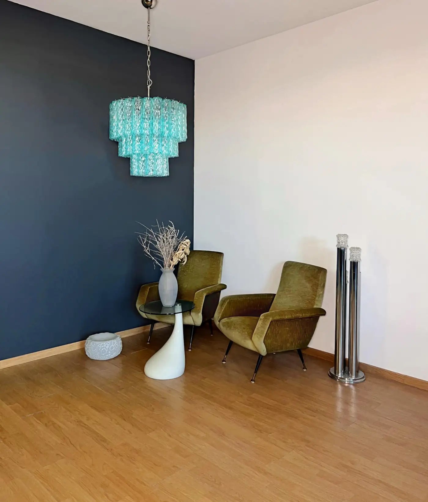 Large three-Tier Venini Murano turquoise Glass Tube Chandelier