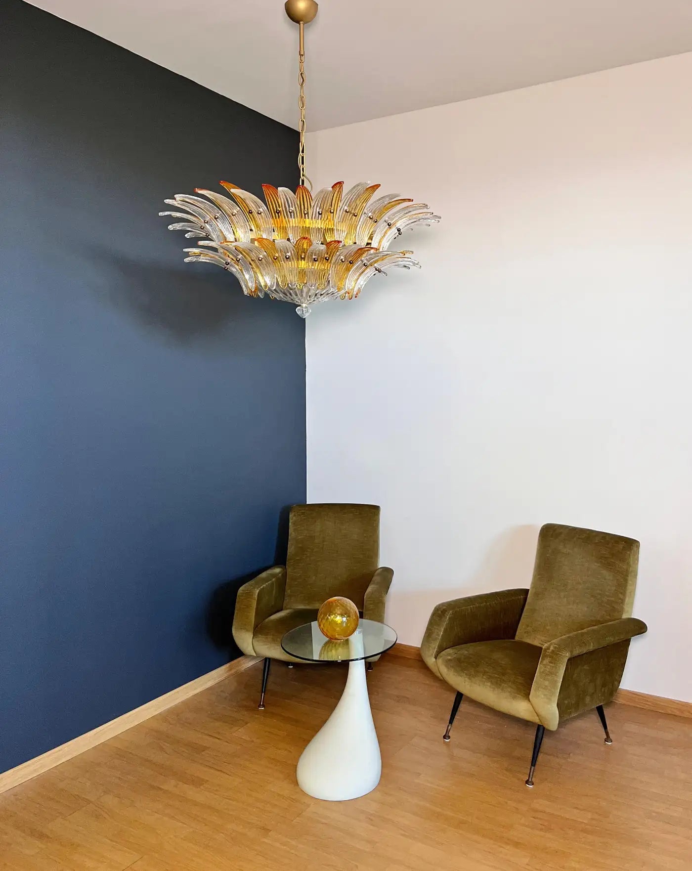 Murano Chandelier Original Palmette, two levels, 82 amber and clear glasses