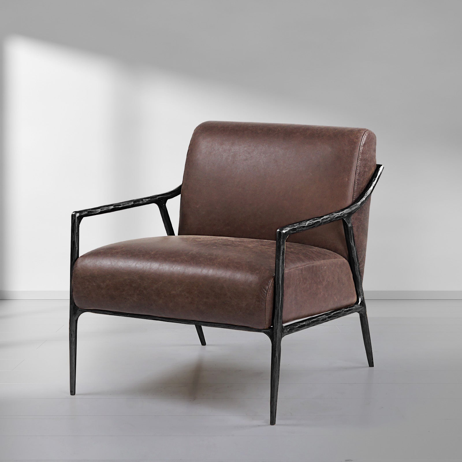 Hand-Forged Metal Brown Leather Accent Chair