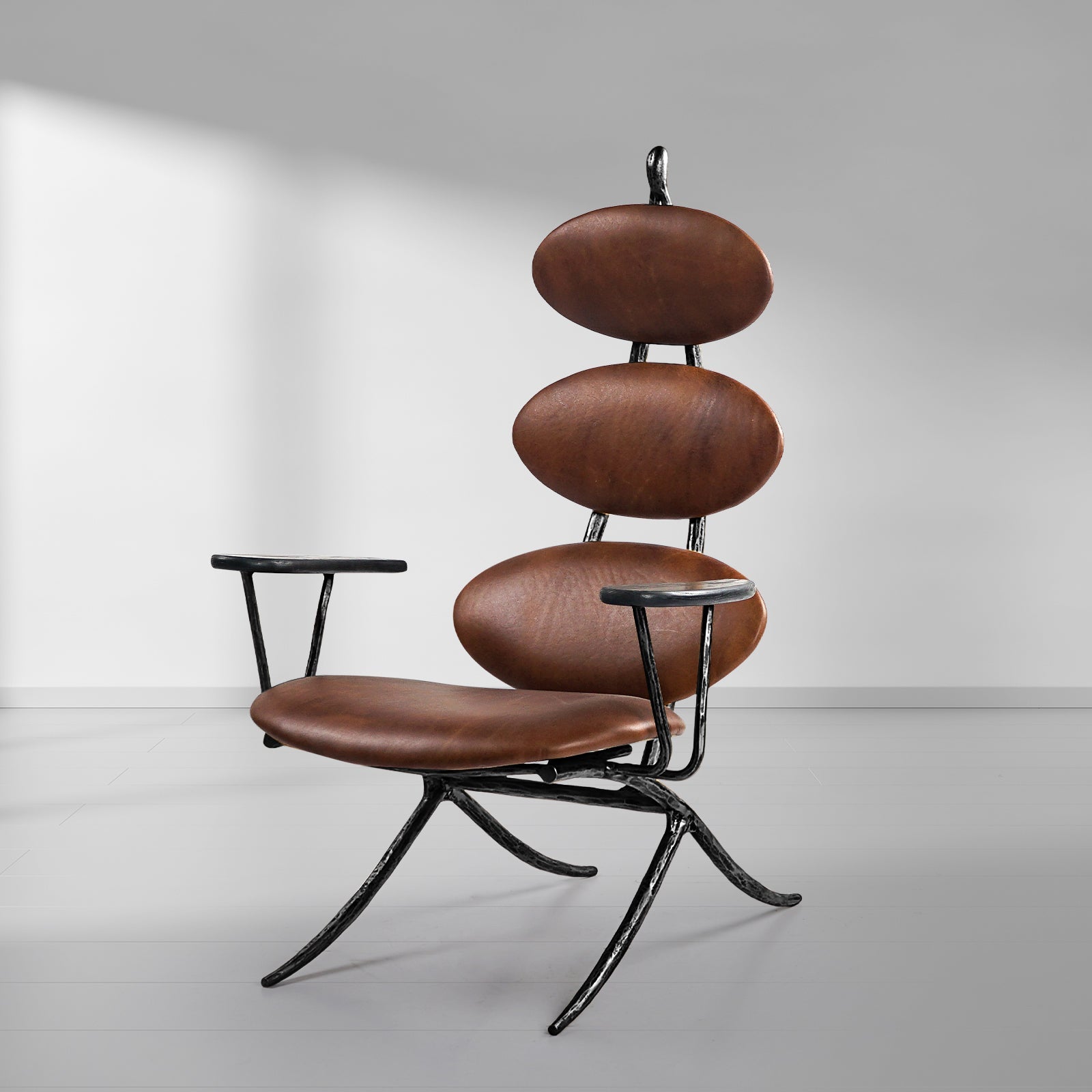 Hand-Forged Metal High Back Brown Leather Lounge Accent Chair