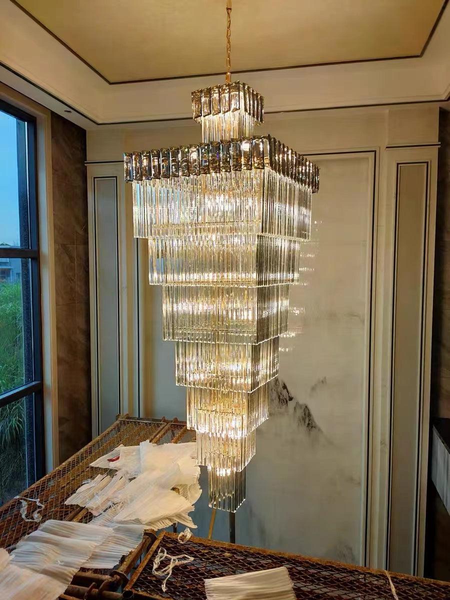 Decorative Large Vertical Crystal Staircase Chandelier Foyer Ceiling Light Fixture Lamp In Gray/ Amber Brim