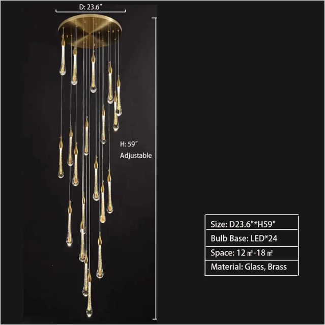 Modern Long Gold Glass Rain Rod Pendant Light for Staircase/High-ceiling room