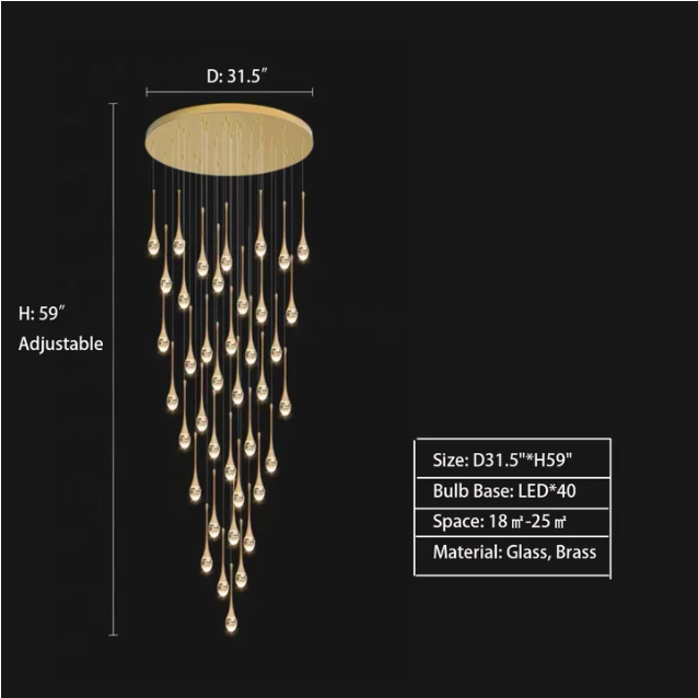 Modern Long Gold Glass Rain Rod Pendant Light for Staircase/High-ceiling room